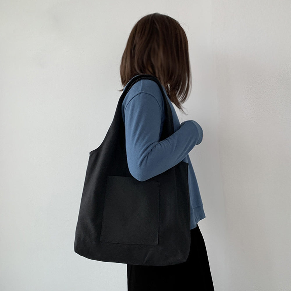 Vvsha Large Capacity Solid Color Canvas Bag Student School Bag Shopping Bag Shopper Shoulder Bag Foldable Handbag