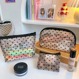 Vvsha - Mesh Cosmetic Makeup Bags Case Holder Cute Transparent Zipper Black Heart Printed Pencil Pen Case Pouch Convenient To Carry