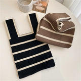 Vvsha Striped Knit Woven Tote Handbag Japanese Bag Mini Color Women Knit Student Shopping Handmade Tote Bag Wrist Bag Shopping Bag