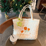 Vvsha Flower Design Tulip Embroidery Handheld Tote Bag Students In Class Canvas Bag Simple Shopping Bag Handbag