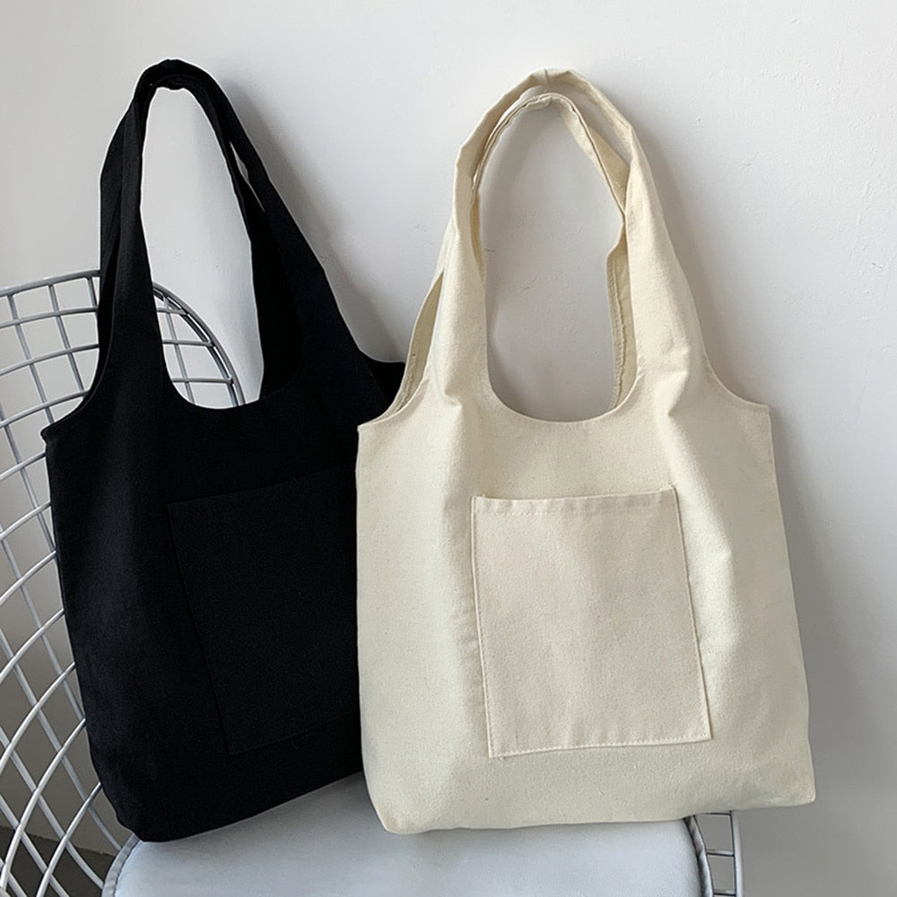 Vvsha Large Capacity Solid Color Canvas Bag Student School Bag Shopping Bag Shopper Shoulder Bag Foldable Handbag