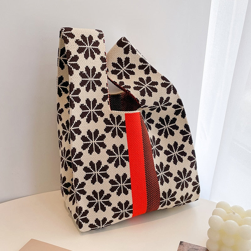 Vvsha Striped Knit Woven Tote Handbag Japanese Bag Mini Color Women Knit Student Shopping Handmade Tote Bag Wrist Bag Shopping Bag