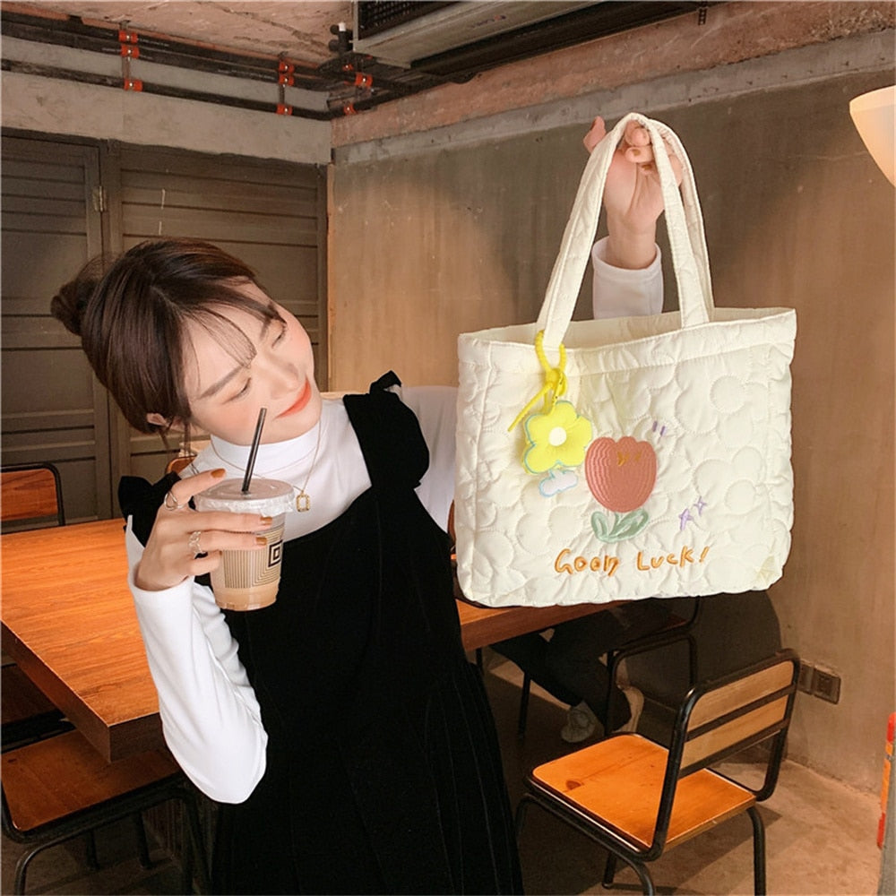 Vvsha Flower Design Tulip Embroidery Handheld Tote Bag Students In Class Canvas Bag Simple Shopping Bag Handbag