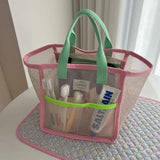 Vvsha - Ins Pink Green Contrast Beach Bag Children's Toy Mesh Portable Storage Bag Outdoor Travel Swimming Toiletry Storage Bag
