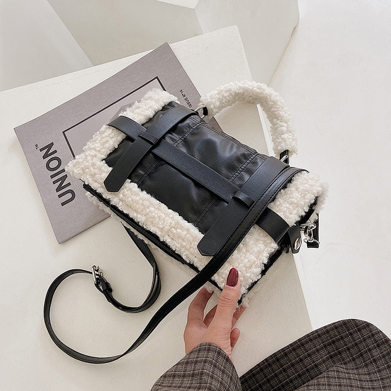 Christmas Gift Elegant Female Plush Tote bag 2021 New High quality PU Leather Women's Designer Handbag Contrast color Shoulder Messenger Bag