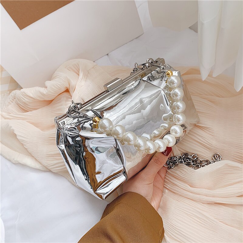 FANTASY 2021 Silver Shiny Clip Bag For Women Patent Leather Handbag Lady Luxury Pearl Chain Messenger Shoulder Bags INS Hot Sale