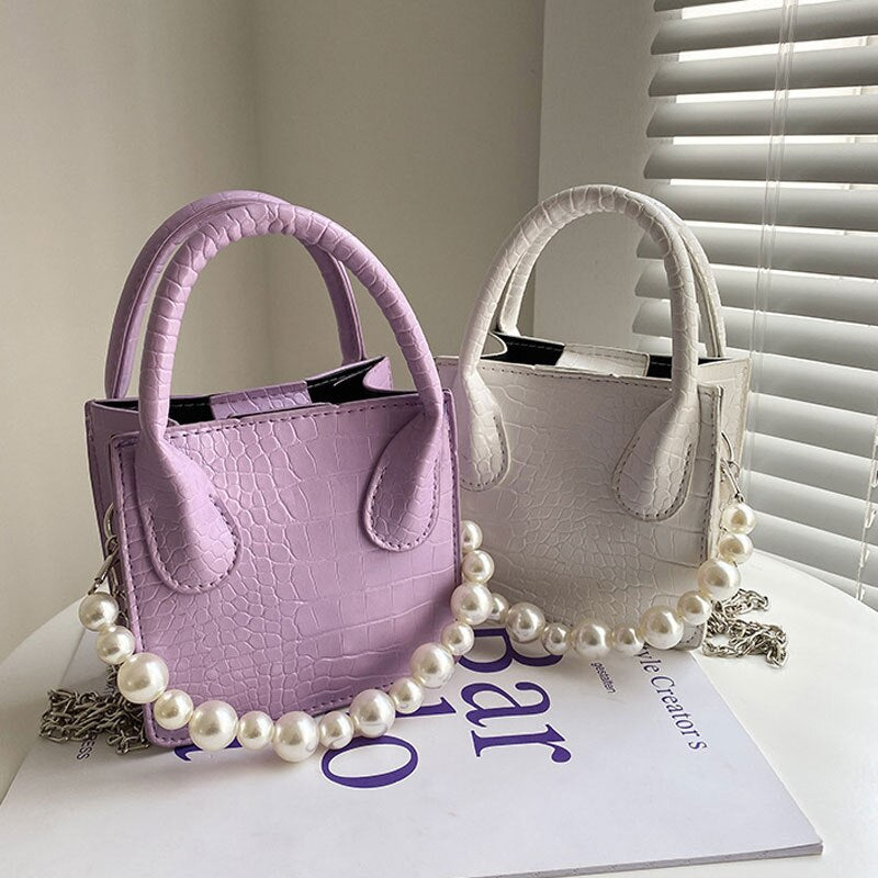 Fashion Small Square Handbags For Women High Quality Pu Leather Shoulder Bags Designer Female Crossbody Bags Pearl Lady Purse