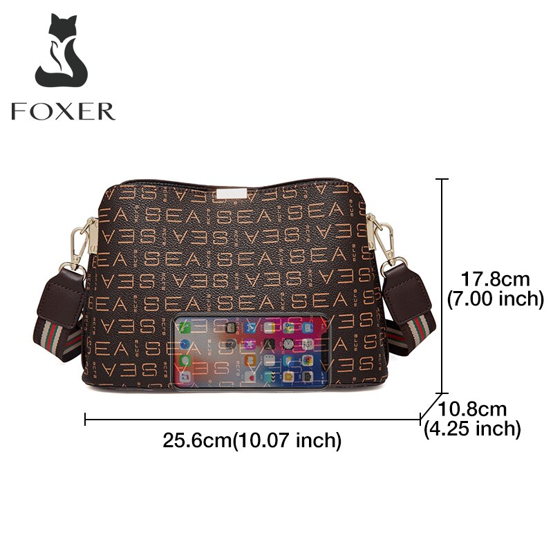 FOXER Women's Wide Woven Shoulder Strap Messenger Bag Women's PVC Material Brand Logo Shoulder Bag Large Capacity Commuter Bag