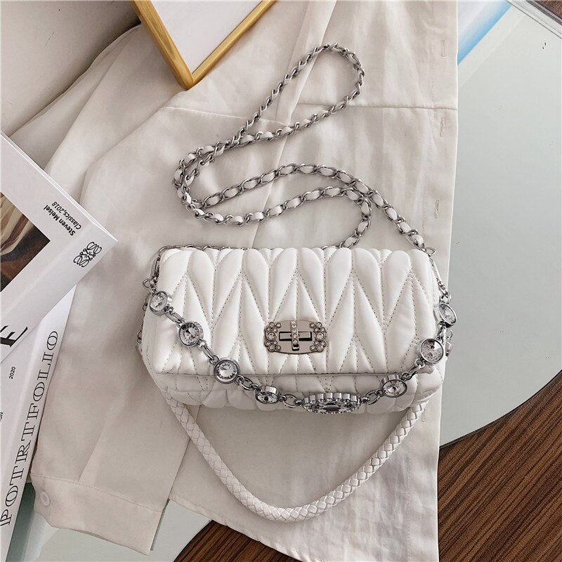 Christmas Gift Diamond Chain Tote Bags for Women 2021 New Pure Color Shoulder Bags Flap Quilted Messenger Bag Ladies Simple Leather Handbags
