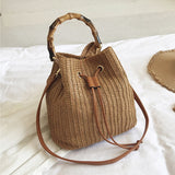 Woven Straw Ladies Bucket Bag Summer Beach Crossbody Bag For Women Retro Phone Travel Shoulder Bags Small Banboo Handle Handbags