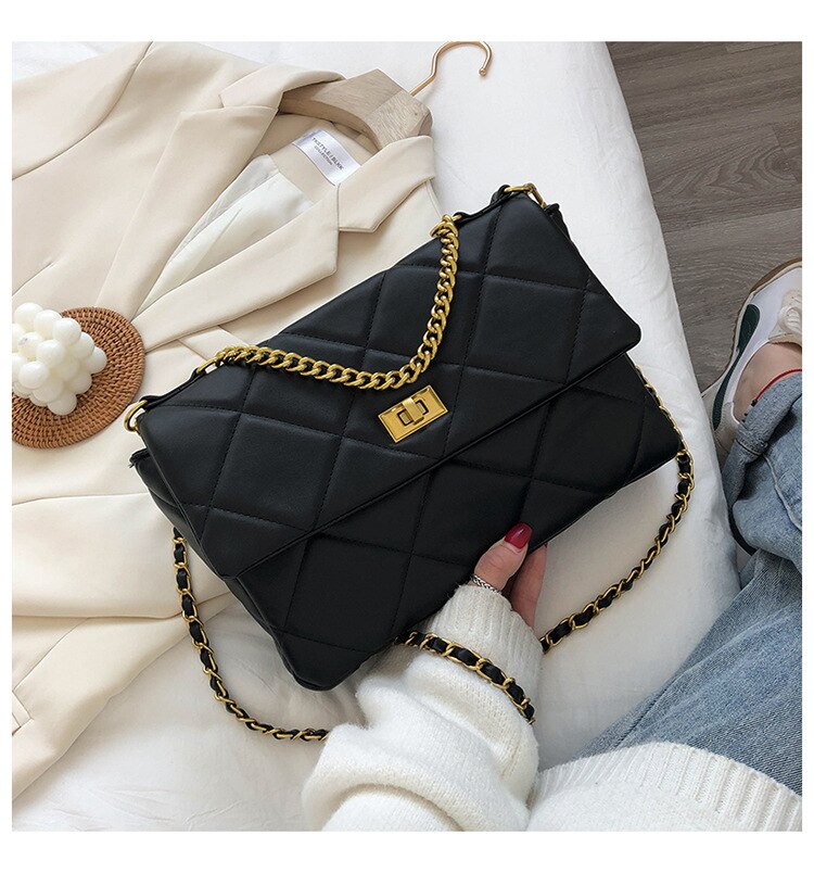 Vintage PU Leather Crossbody Bag for Women 2021 Brand Chain Designer Handbags Diamond Grain Women's Trend Hand Bag black