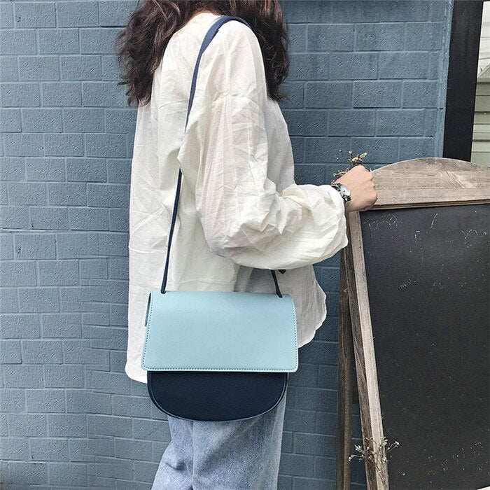 Korean style saddle bag for women Shoulder Bag small panelled pu Leather Messenger crossbody Bags female handbags bolsas blue