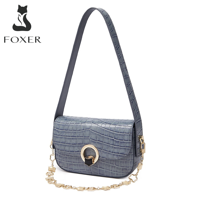 FOXER Fashion Lady Split Leather Shoulder Saddle Bag Simple Luxury Chain Small Square Bag Crocodile Pattern Underarm Woman Bag