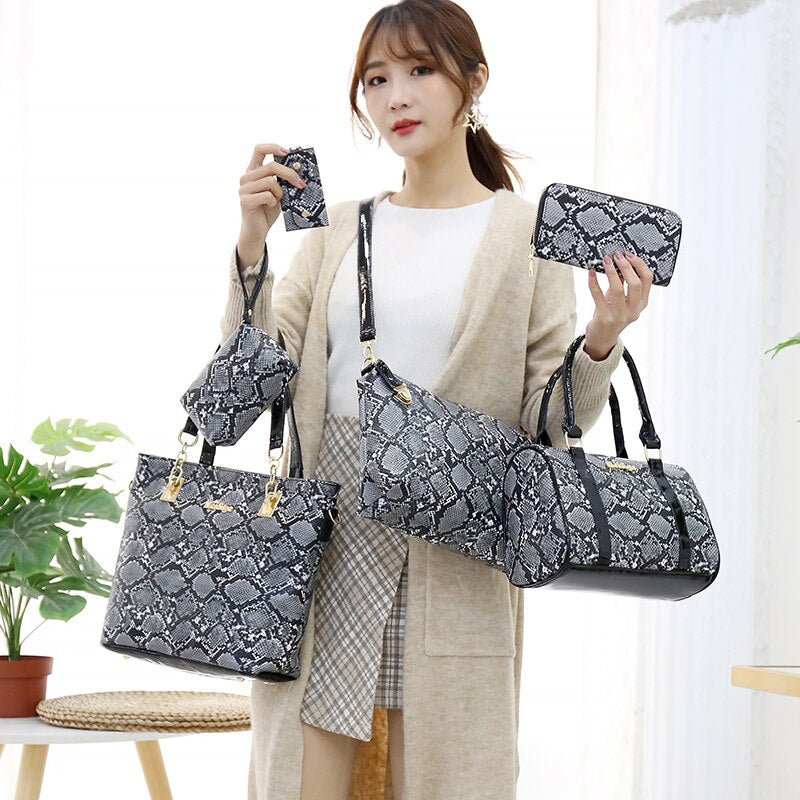 High Quality Women Pu Leather Handbags Large Capacity 6 Pieces Set Serpentine Shoulder Tote Bags Casual Female Messenger Bags