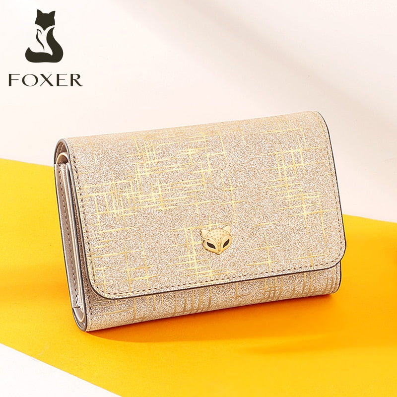 FOXER Lady Fashion Money Wallet Women Chic Small Coin Pocket Female Luxury Split Leather Money Purse Shine multi-function Wallet