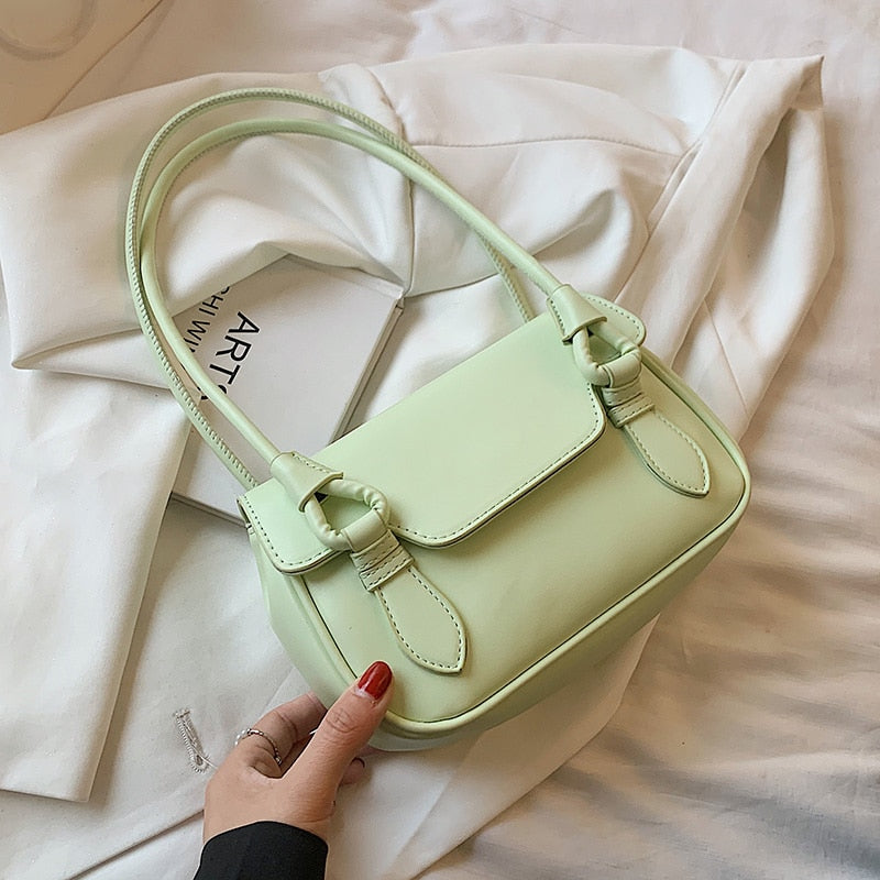 Christmas Gift Green Small PU Leather Shoulder Shoulder Bag with Short Handles for Women 2021 Summer Fashion Luxury Baguette Underarm Handbags