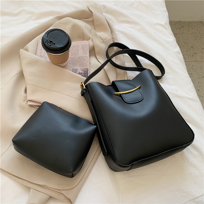 Christmas Gift 2 Pcs/set Vintage Simple Small PU Leather Bucket Crossbody Bags For Women 2021 Designer Lady Luxury Black Shoulder Handbags