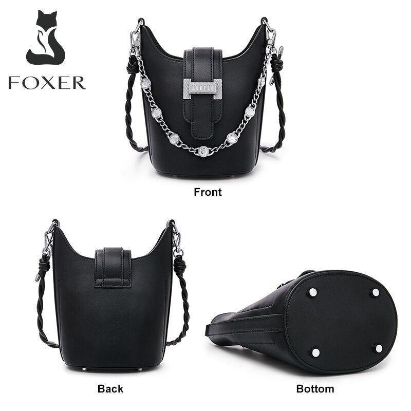 FOXER Ladies Split Leather Shoulder Bag Luxury Diamond Bucket Evening Bag Fashion High Quality Small Handbag Brand New Woman Bag