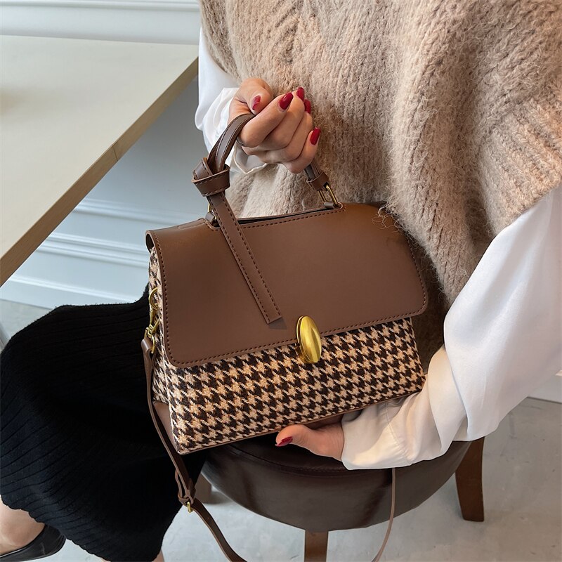 Christmas Gift Houndstooth Small PU Leather Shoulder Crossbody Bags with Short Handle for Women 2021 Hit Winter Simple Handbags and Purses