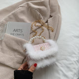 с доставкой Small Soft Faux Fur Flap Crossbody Bags with Chain for Women 2021 Winter Simple Solid Color Shoulder Handbags Purses