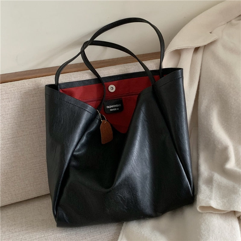 Christmas Gift Burminsa Simple Large Capacity Tote Bags For Women Soft Female Shopper Shoulder Bags PU Leather Ladies Handbags 2021 Beige Black