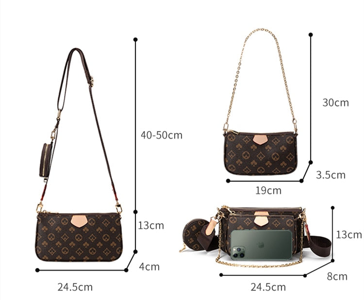 Vvsha Vintage Printing Handbag 3-IN-1 Fashion Brand Messenger Bags for Women Pu Leather Crossbody Bag Lady Small Purse Handbag Totes