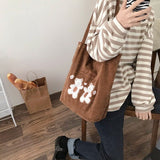 New Corduroy Shopping Bag Wild Bear Embroidered Bag Handbag Luxury Brand Shoulder Bag Fresh and Sweet Canvas Bag with Buckle 924