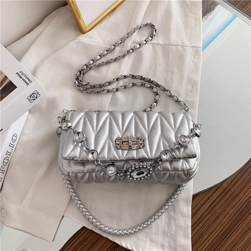 Christmas Gift Diamond Chain Tote Bags for Women 2021 New Pure Color Shoulder Bags Flap Quilted Messenger Bag Ladies Simple Leather Handbags