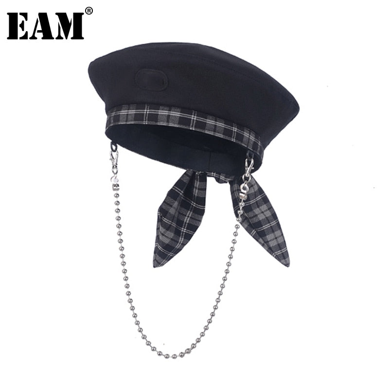 Christmas Gift [EAM] Women Black Removable Chain Vintage Plaid Bow Fishermen Hat New Round Dome Temperament Fashion Tide All-match 18A3604