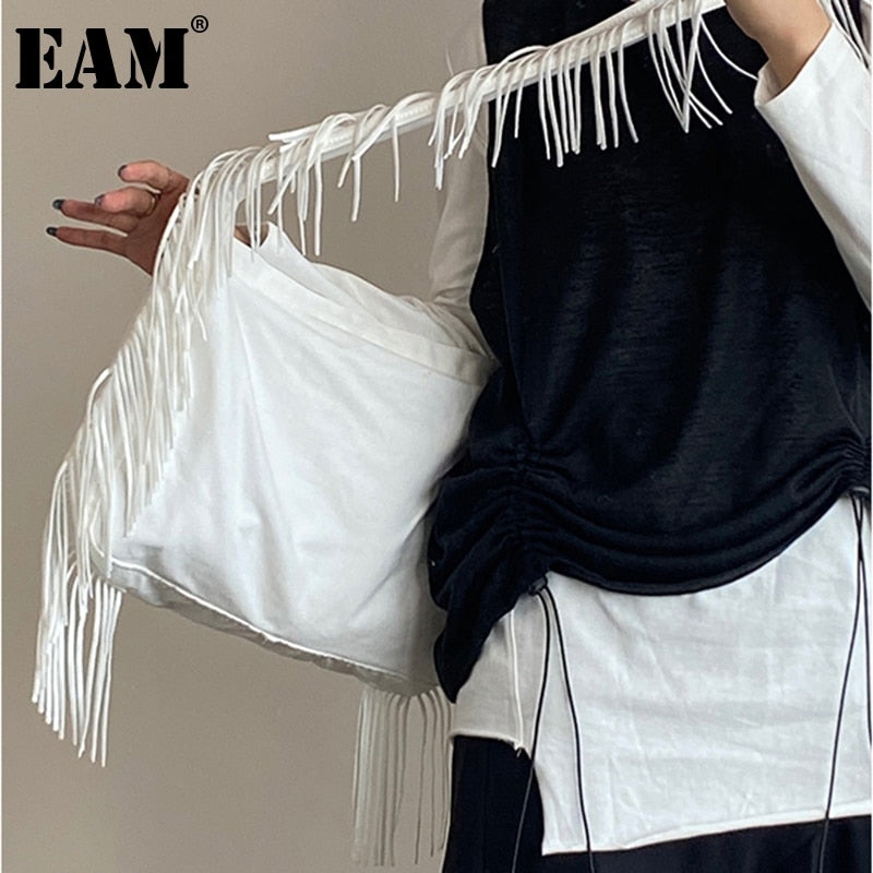 Christmas Gift [EAM] Women New Brief Large White Tassel Canvas Button Personality All-match Crossbody Shoulder Bag Fashion Tide 2021 18A0149