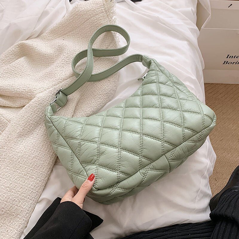 с доставкой 2021 Winter Big Quilted Lingge PU Leather Bucket Shoulder Bags for Women Fashion Designer Brand Tote Handbags Purses