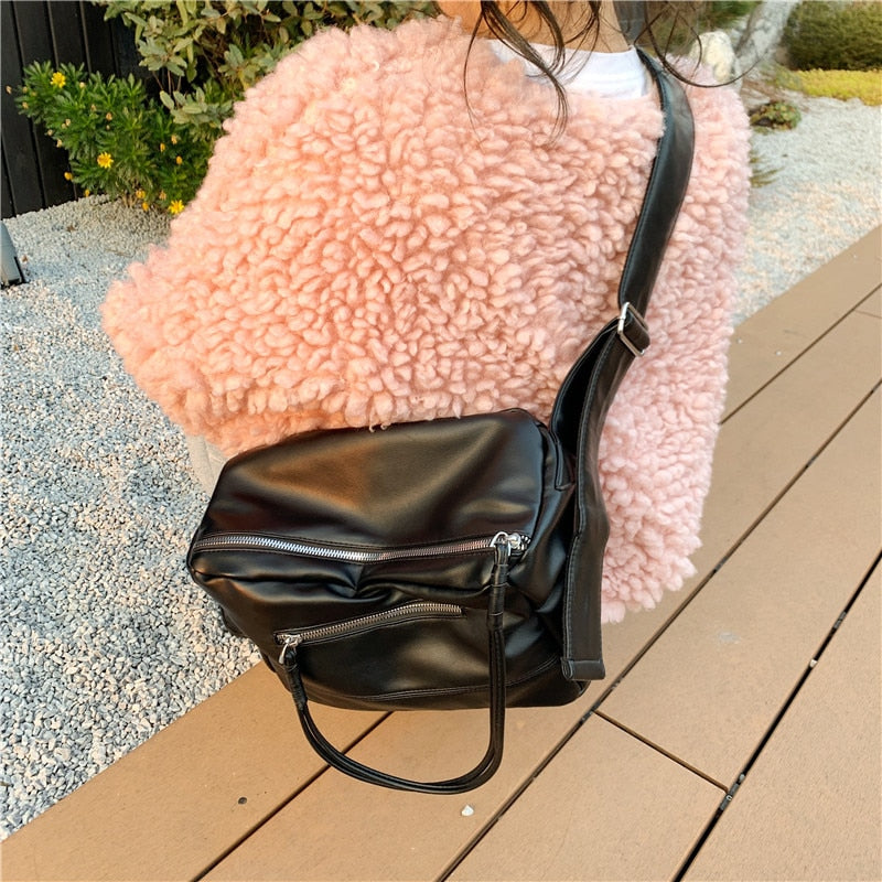 Black PU Leather Retro Large-Capacity Bag Handbags Women's Bag 2021 New Style Fashion All-Match Simple Shoulder Bag Tote Bag