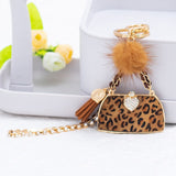 Christmas Gift New Luxury Leopard Print Mink Fur Ball Handbag Keychains For Women Bag Charm Pendant Fashion Keyrings Car Key Chain Ring