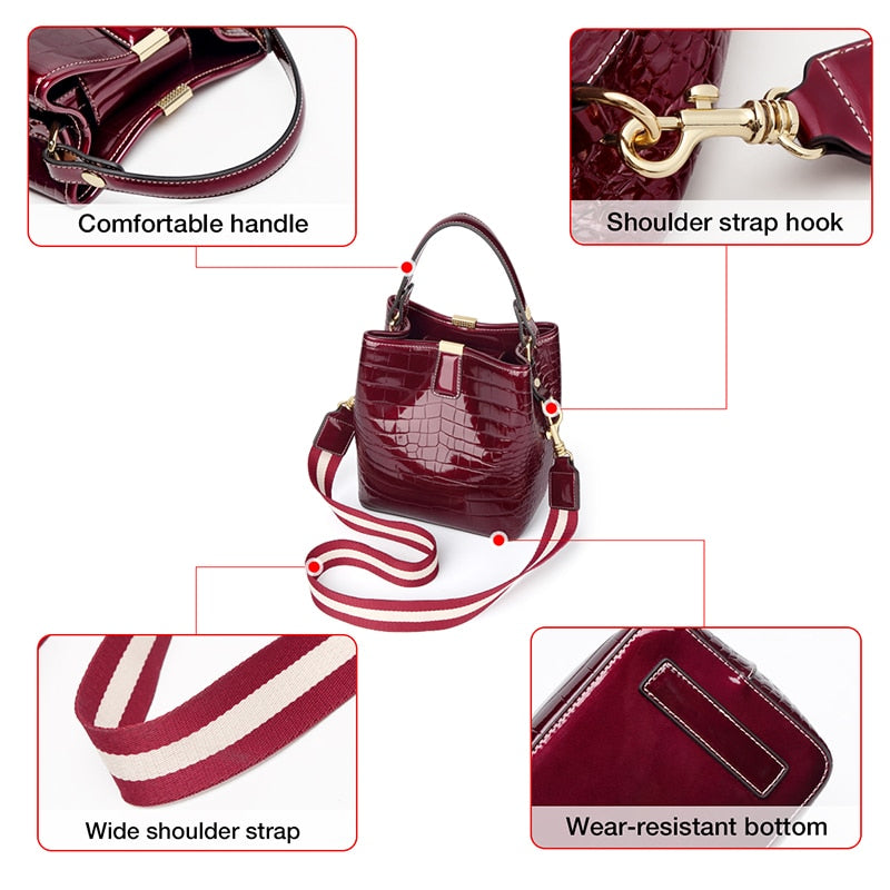 FOXER Fashion Patent Leather Bucket Shoulder Bag for Women Large Capacity Commute Female Handbag Designer Lady Cross-body Purses