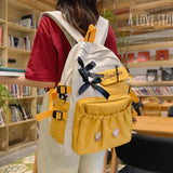 Back to College 2021 Korean Panelled Color Backpacks Women Preppy Bow Travel School Bags Kawaii Yellow Patchwork Shoulders Bag for Teenager Girl