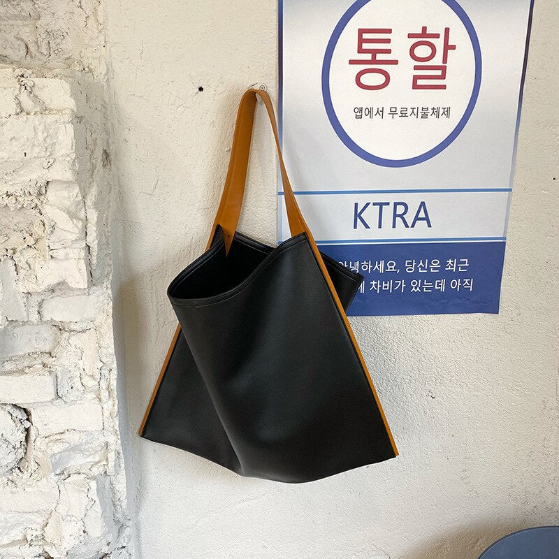 Korean style Women Shoulder bags Large capacity Wide Strap female handbag Casual panelled big totes PU leather ladies Hand Bag