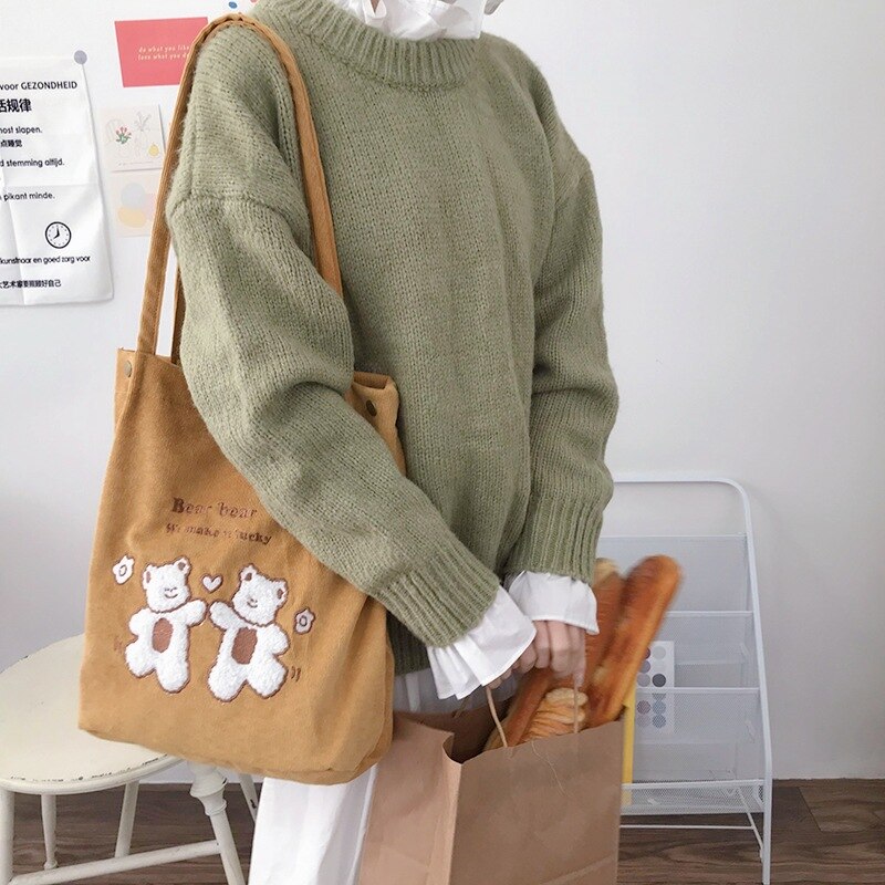 New Corduroy Shopping Bag Wild Bear Embroidered Bag Handbag Luxury Brand Shoulder Bag Fresh and Sweet Canvas Bag with Buckle 924