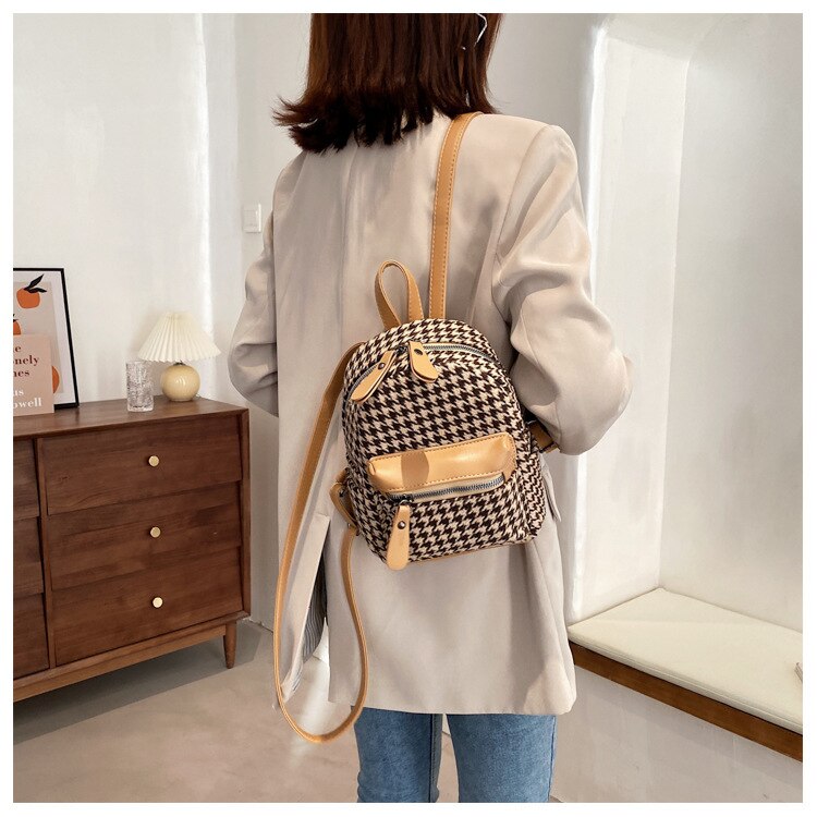 Korea Fashion Women's Backpack Houndstooth Pattern Zipper Backpacks for Female Women PU Patchwork Backpack with Outer Pocket