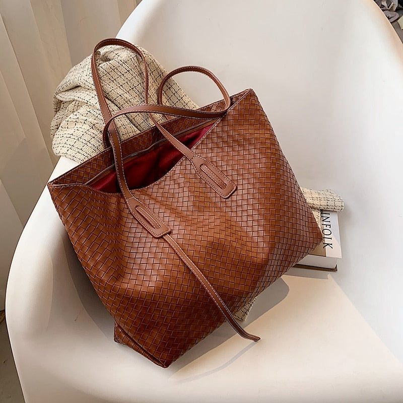 Christmas Gift Designer Weave PU Leather Shoulder Bags for Women 2021 High Capacity Big Handbags Travel Luxury Large Shopper Shopping Purses