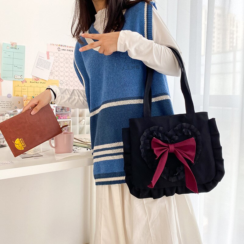 Christmas Gift Japanese Girl Shoulder Bag Cute Bow Canvas Shoulder Bag 2020 New Arrive Fashion Fungus Handbag Large Capacity Shopping Bag