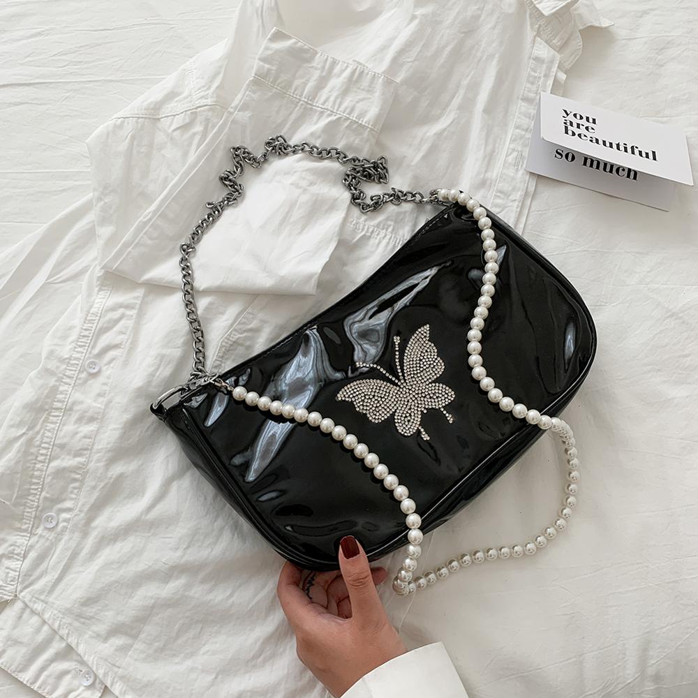Butterfly Girls Chain Armpit Handbags Vintage Black Baguette Shoulder Bag for Women Patent Leather Diamond Pearl Crossbody Bags