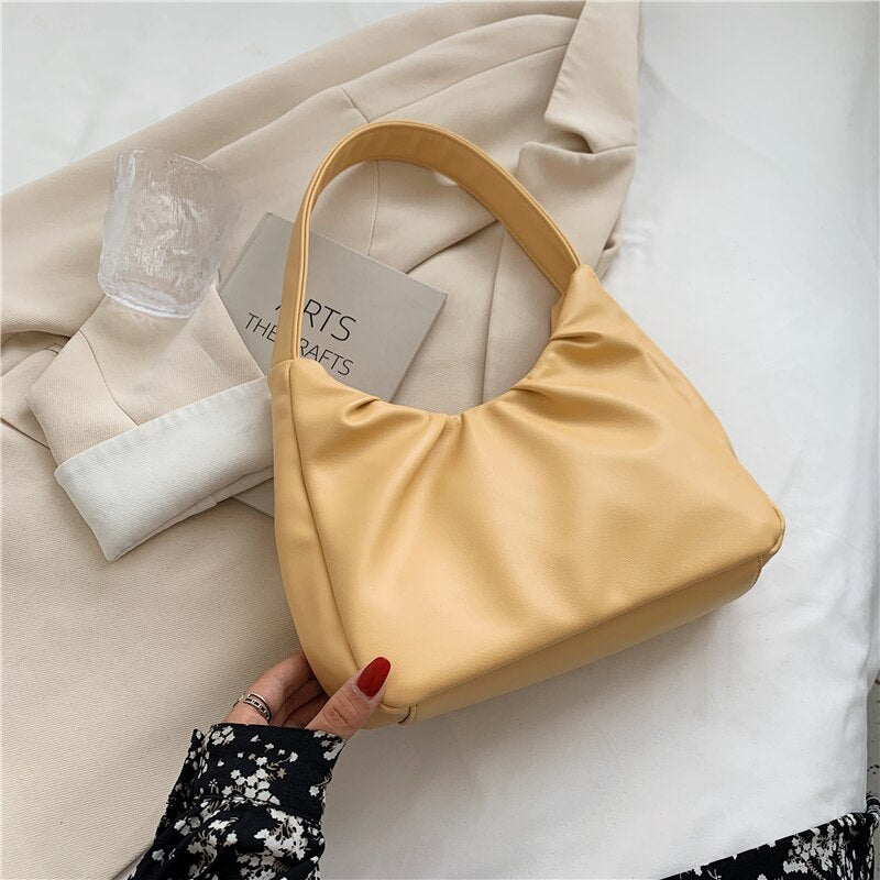 Christmas Gift Cute Solid Color Small Soft PU Leather Baguette Shoulder Bags for Women 2021 Simple Handbags and Purses Female Travel Totes