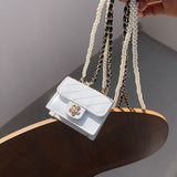 Christmas Gift Lattice Mini Crossbody Bag 2021 Summer New Quality Patent Leather Women's Designer Handbag Pearl Chain Shoulder Messenger Bag
