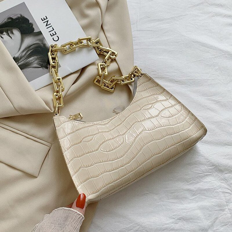 Fashion Crocodile Pattern Baguette bags Small PU Leather Shoulder Bags For Women Chain Design Luxury Handbag Female Clutch Purse