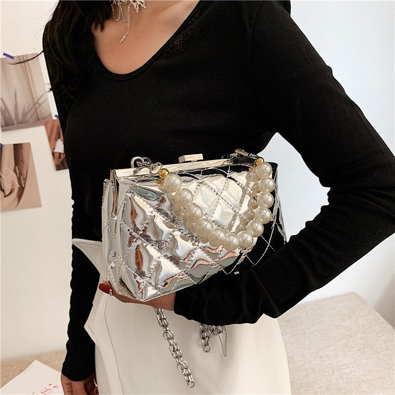 Christmas Gift FANTASY 2021 Silver Shiny Clip Bag For Women Patent Leather Handbag Lady Luxury Pearl Chain Messenger Shoulder Bags INS Hot Sale