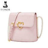 FOXER Women Single Shoulder Mobile Phone Bag Split Leather Beaded Bucket Bag Ladies Fashion Lattice Messenger Bag For Lover Gift