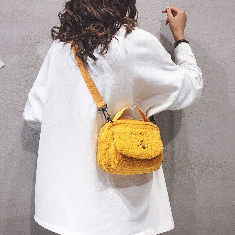 Christmas Gift Women Little Plush Shoulder Bag Female Small Canvas Cross Body Bags Ladies Embroidery Zipper Cloth Purse Mobile Phone Bag Tote