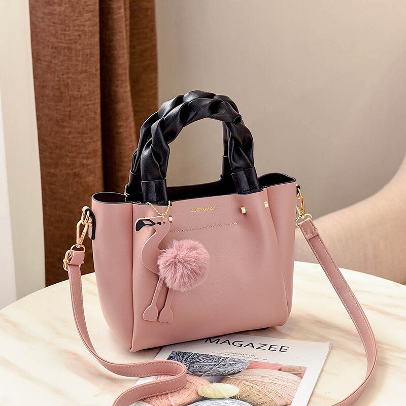 Christmas Gift Fashion New Women's Flamingo Ball decor Bucket Bag PU Leather Twist Braided handle Handbag women Messenger Bag