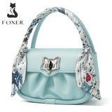 FOXER Women Fashion Fold Messenger Bag Leather Flap Ladies Street Casual Shoulder Bag Unique Silk Scarf Decoration Mini Handbag