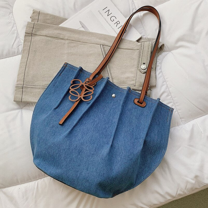 Fashion Tassels Women handbag large capacity Fold Denim Female Shoulder Bag New Design Casual big Totes blue ladies hand bags